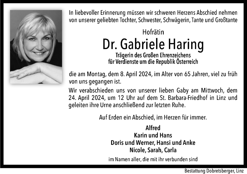  Traueranzeige für Gabriele Haring vom 12.04.2024 aus OÖNachrichten