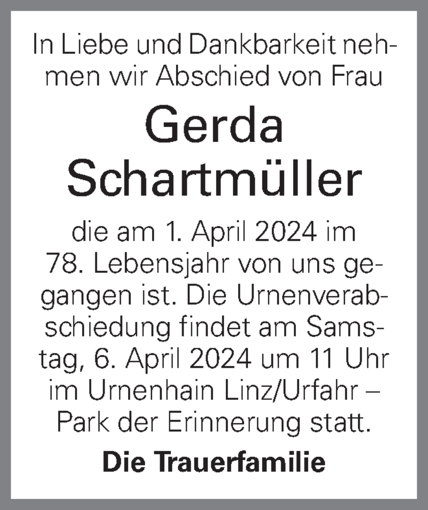  Traueranzeige für Gerda Schartmüller vom 03.04.2024 aus OÖNachrichten