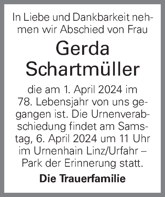 Traueranzeige von Gerda Schartmüller von OÖNachrichten