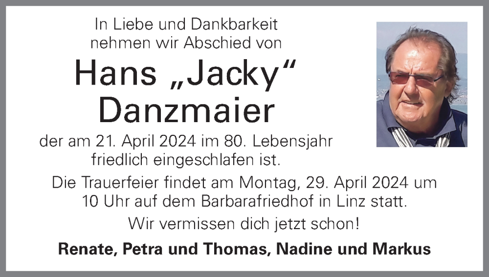  Traueranzeige für Hans Danzmair vom 25.04.2024 aus OÖNachrichten