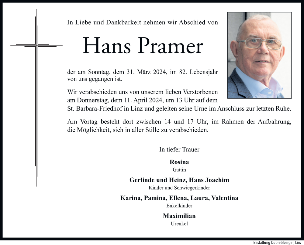  Traueranzeige für Hans Pramer vom 05.04.2024 aus OÖNachrichten