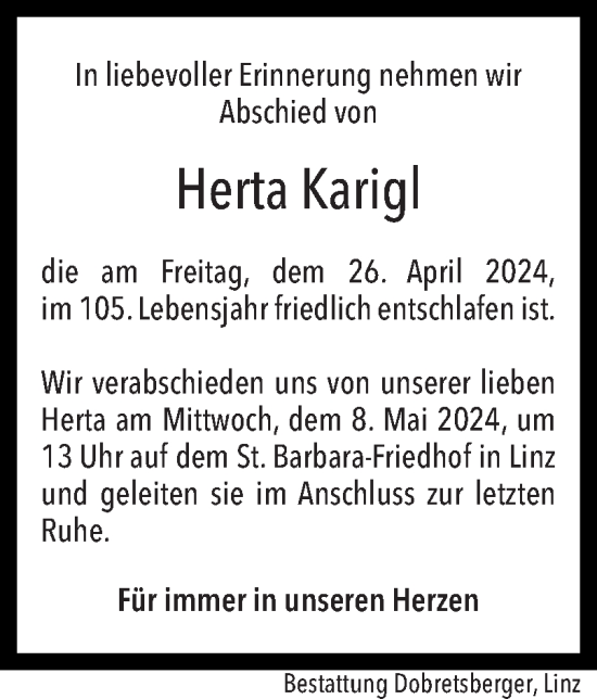 Traueranzeige von Herta Karigl von OÖNachrichten