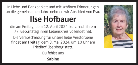 Traueranzeige von Ilse Hofbauer von OÖNachrichten