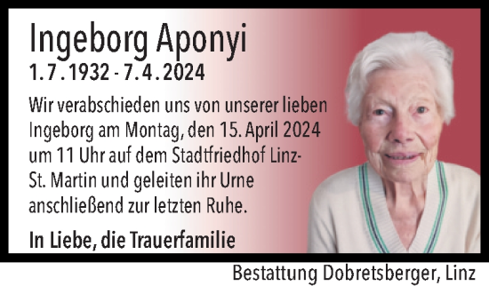 Traueranzeige von Ingeborg Aponyi von OÖNachrichten