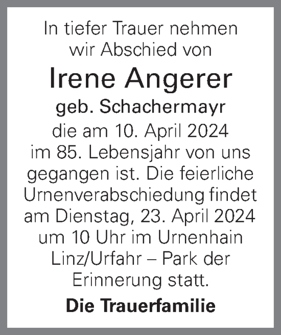 Traueranzeige von Irene Angerer von OÖNachrichten