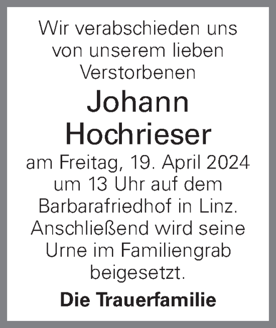 Traueranzeige von Johann Hochrieser von OÖNachrichten