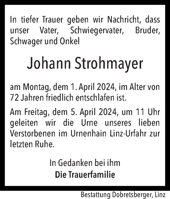 Traueranzeige von Johann Strohmayer von OÖNachrichten