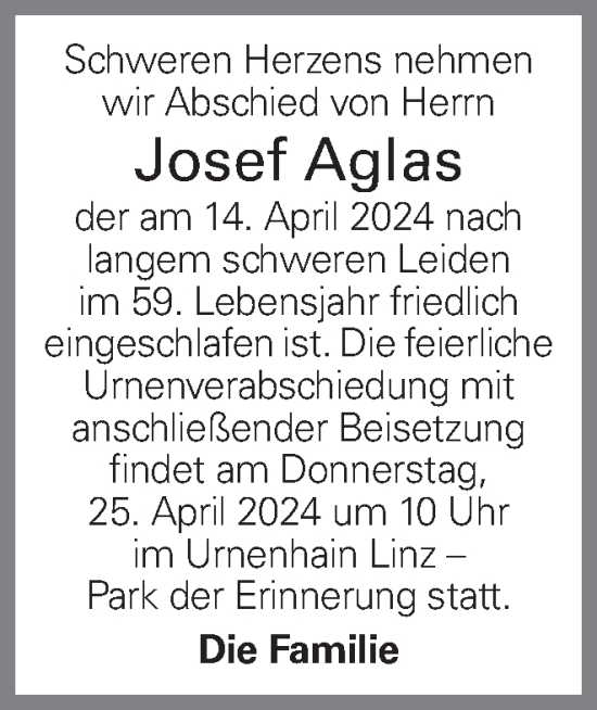 Traueranzeige von Josef Aglas von OÖNachrichten