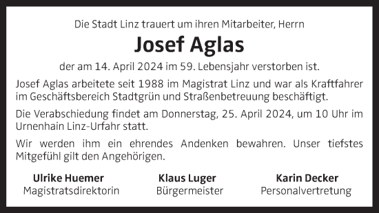 Traueranzeige von Josef Aglas von OÖNachrichten