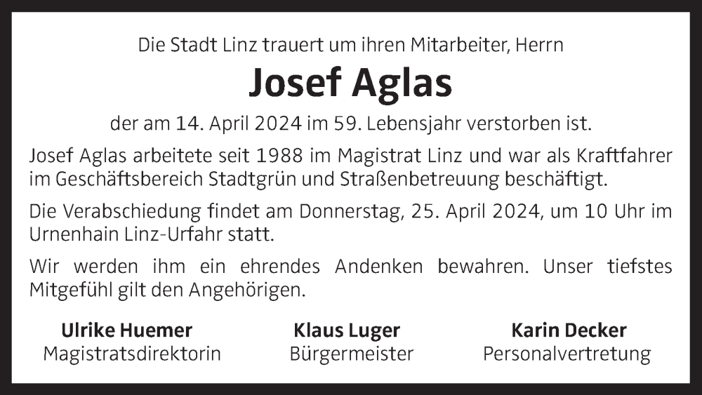  Traueranzeige für Josef Aglas vom 19.04.2024 aus OÖNachrichten