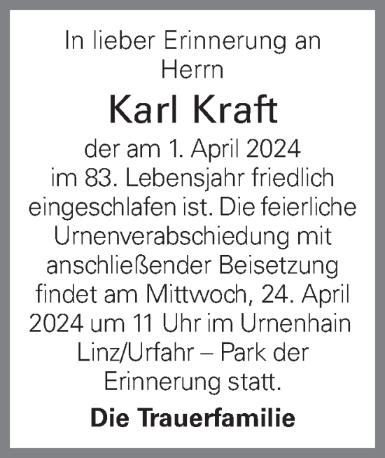 Traueranzeige von Karl Kraft von OÖNachrichten