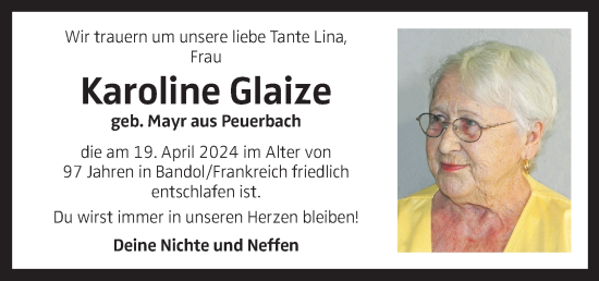 Traueranzeige von Karoline Glaize von OÖNachrichten