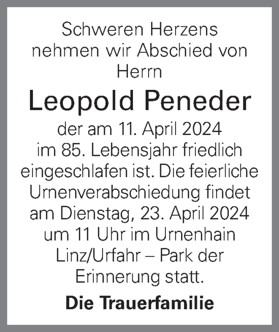 Traueranzeige von Leopold Peneder von OÖNachrichten