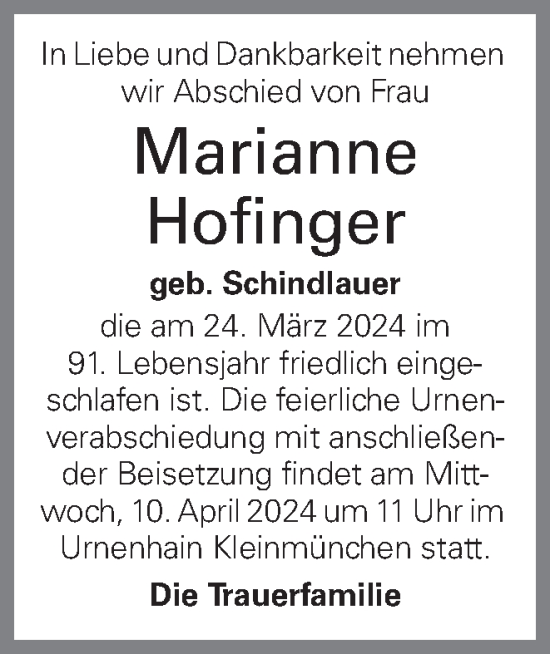 Traueranzeige von Marianne Hofinger von OÖNachrichten