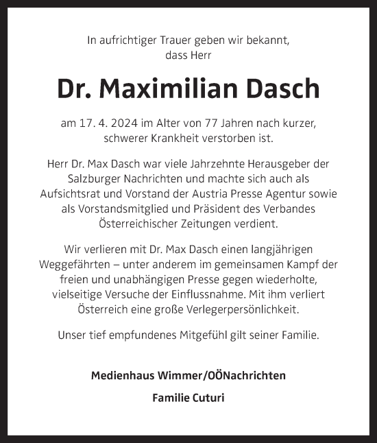 Traueranzeige von Maximilian Dasch von OÖNachrichten