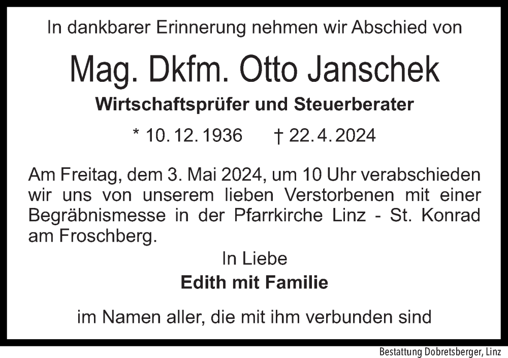  Traueranzeige für Otto Janschek vom 24.04.2024 aus OÖNachrichten