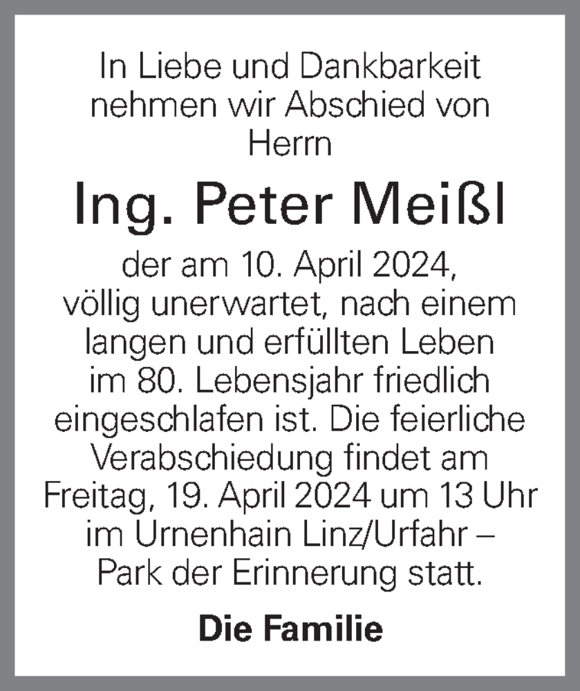  Traueranzeige für Peter Meißl vom 16.04.2024 aus OÖNachrichten