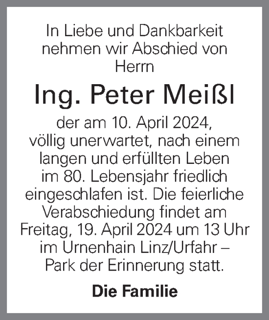 Traueranzeige von Peter Meißl von OÖNachrichten