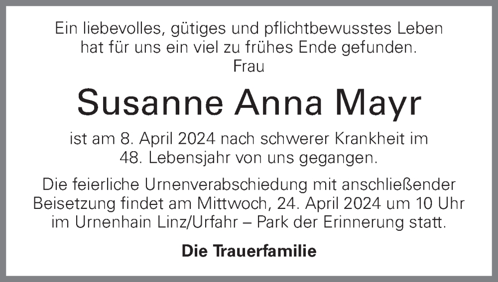  Traueranzeige für Susanne Anna Mayr vom 19.04.2024 aus OÖNachrichten