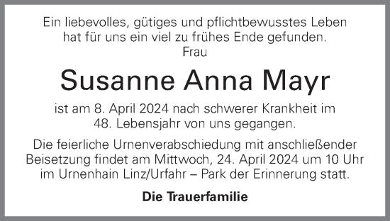 Traueranzeige von Susanne Anna Mayr von OÖNachrichten