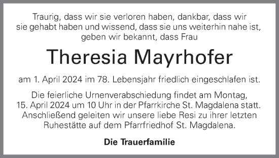 Traueranzeige von Theresia Mayrhofer von OÖNachrichten