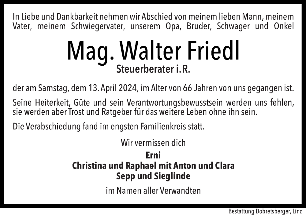  Traueranzeige für Walter Friedl vom 17.04.2024 aus OÖNachrichten