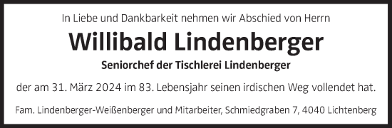 Traueranzeige von Willibald Lindenberger von OÖNachrichten