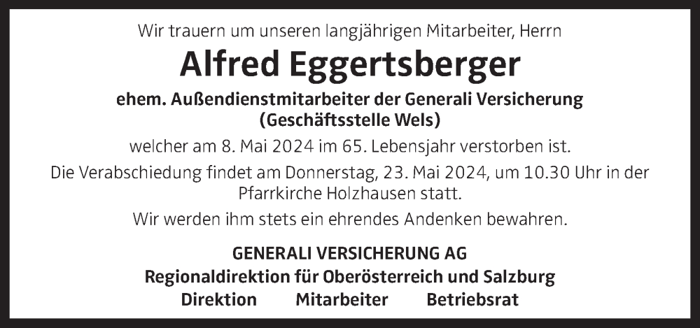  Traueranzeige für Alfred Eggertsberger vom 22.05.2024 aus OÖNachrichten