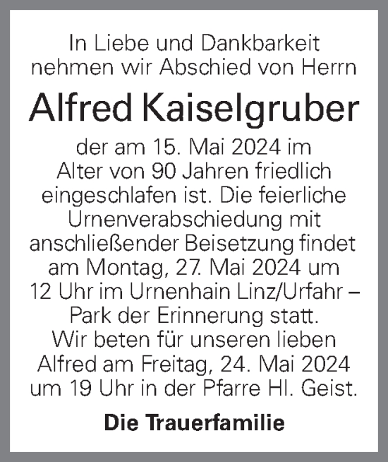 Traueranzeige von Alfred Kaiselgruber von OÖNachrichten