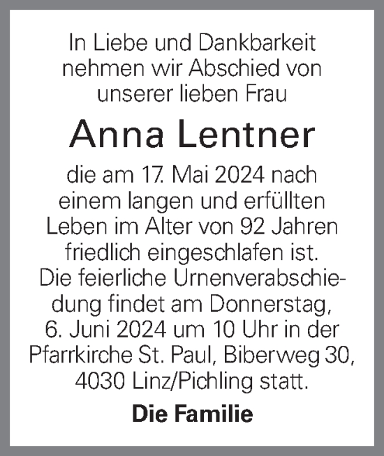 Traueranzeige von Anna Lentner von OÖNachrichten