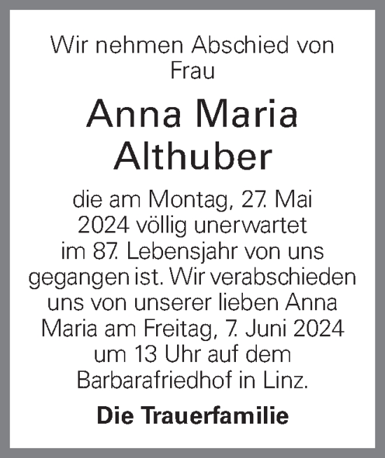 Traueranzeige von Anna Maria Althuber von OÖNachrichten