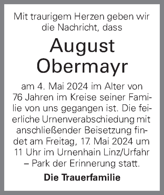 Traueranzeige von August Obermayr  von OÖNachrichten