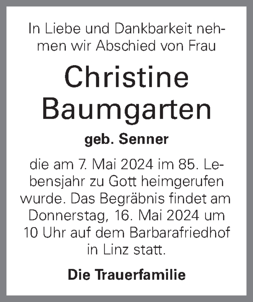  Traueranzeige für Christine Baumgarten vom 10.05.2024 aus OÖNachrichten