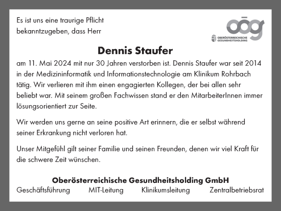 Traueranzeige von Dennis Staufer von OÖNachrichten