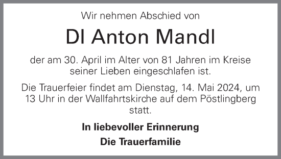 Traueranzeige von DI Anton Mandl von OÖNachrichten