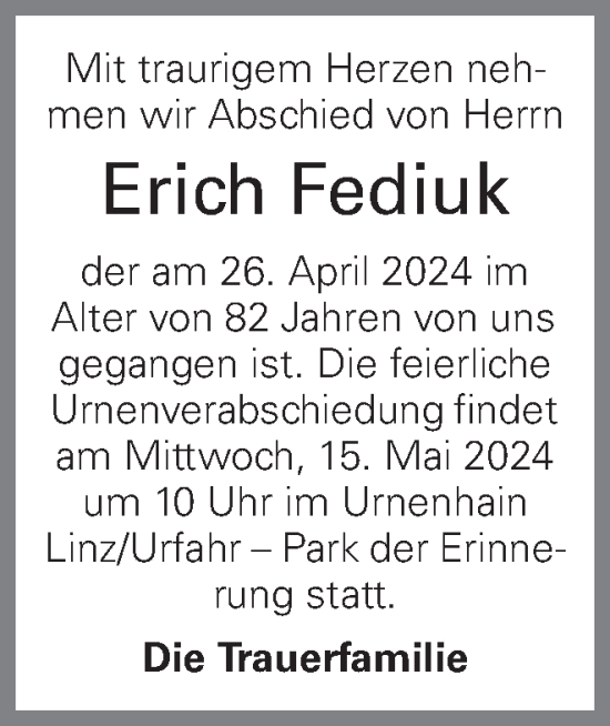 Traueranzeige von Erich Fediuk von OÖNachrichten