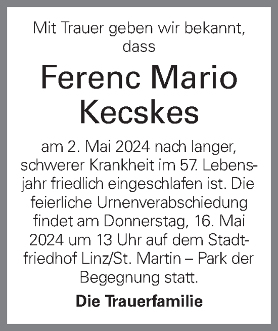 Traueranzeige von Ferenc Mario Kecskes von OÖNachrichten