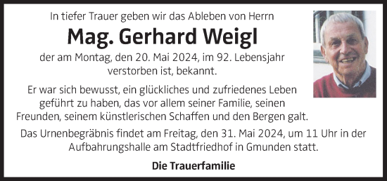 Traueranzeige von Gerhard Weigl von OÖNachrichten