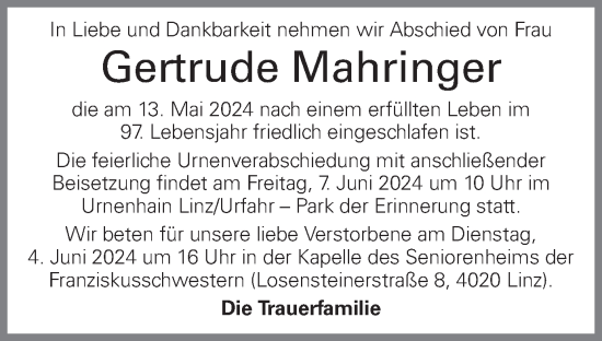 Traueranzeige von Gertrude Mahringer von OÖNachrichten