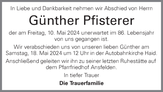 Traueranzeige von Günther Pfisterer von OÖNachrichten