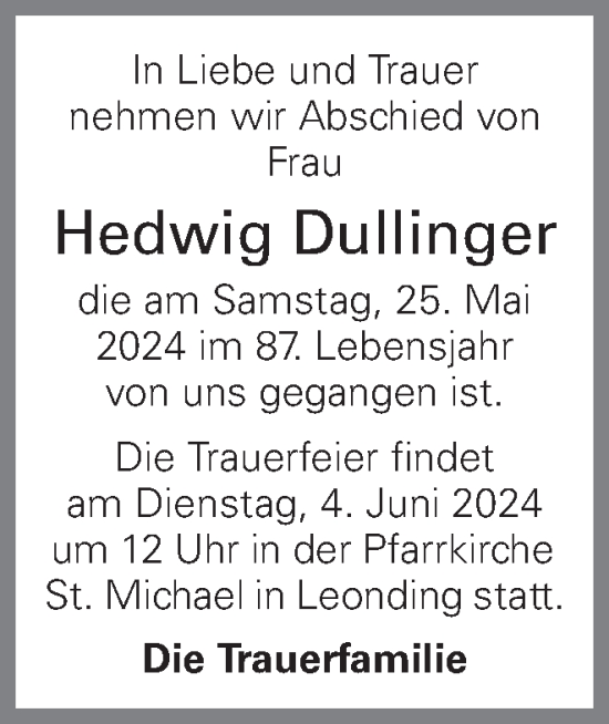Traueranzeige von Hedwig Dullinger von OÖNachrichten
