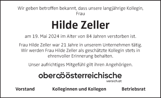 Traueranzeige von Hilde Zeller von OÖNachrichten