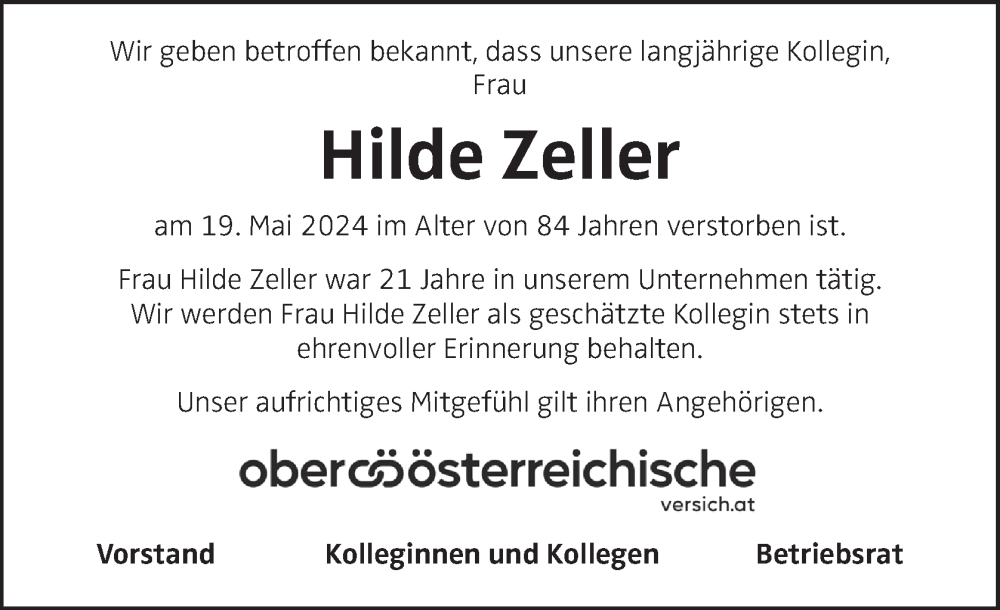  Traueranzeige für Hilde Zeller vom 23.05.2024 aus OÖNachrichten