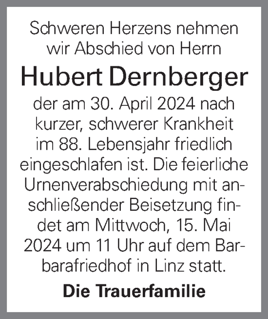 Traueranzeige von Hubert Dernberger von OÖNachrichten