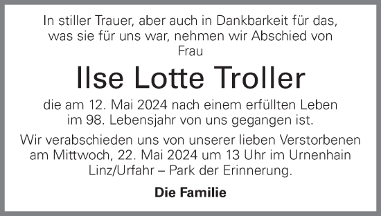 Traueranzeige von Ilse Lotte Troller von OÖNachrichten