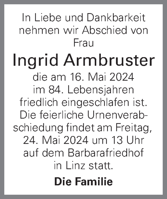 Traueranzeige von Ingrid Armbruster von OÖNachrichten