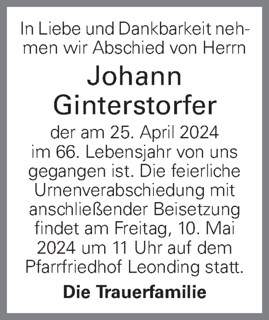 Traueranzeige von Johann Ginterstorfer von OÖNachrichten