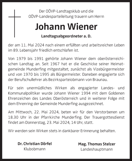 Traueranzeige von Johann Wiener von OÖNachrichten