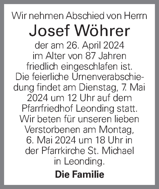 Traueranzeige von Josef Wöhrer von OÖNachrichten