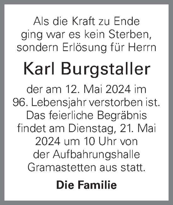 Traueranzeige von Karl Burgstaller von OÖNachrichten